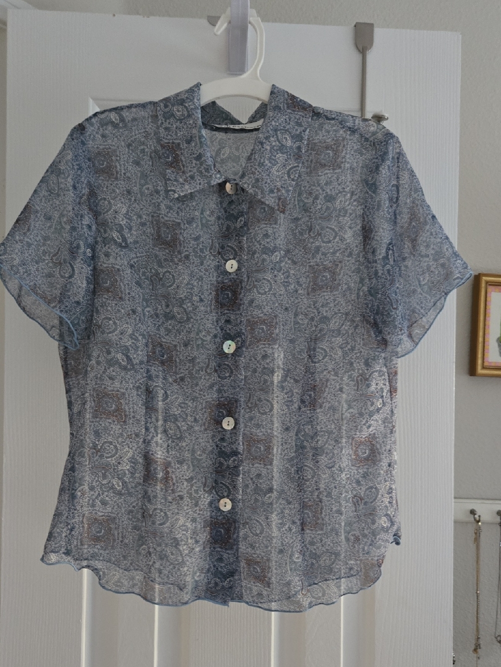 dressbarn Vintage Sheer Blue Ditzy- Paisley Button-Up Blouse- Sz 4